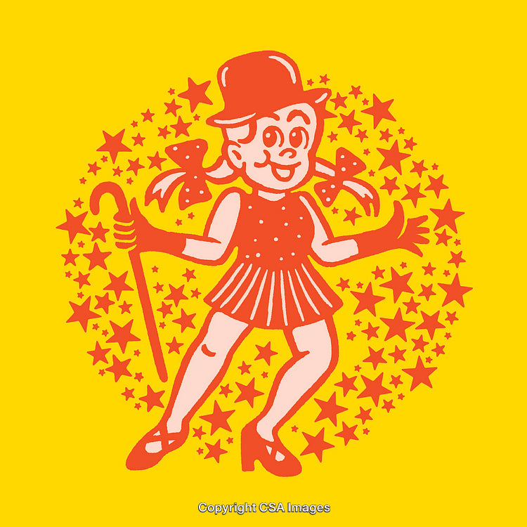 Whimsical Illustration of a Retro Starry Dancer on Yellow Background