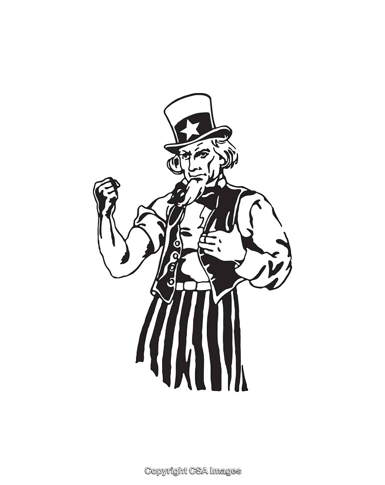 Black and White Line Art of a Patriotic Uncle Sam Illustration
