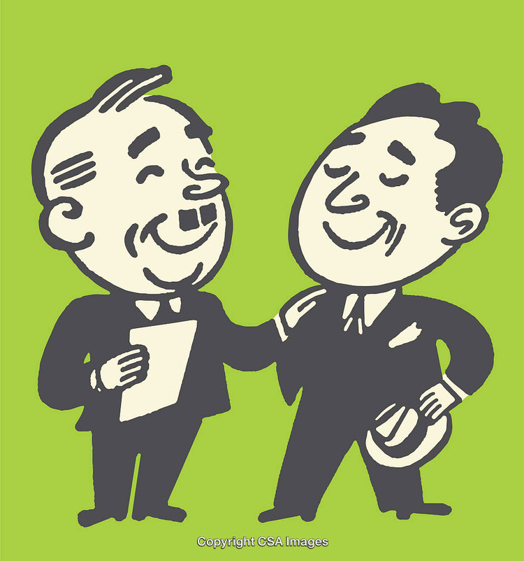 Colorful Retro-Styled Illustration of Two Cheerful Men in Business Attire