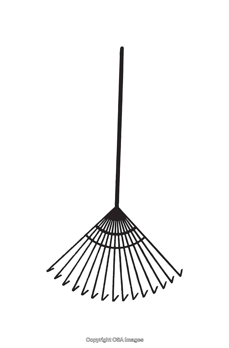 Black and White Line Drawing of a Garden Rake Tool