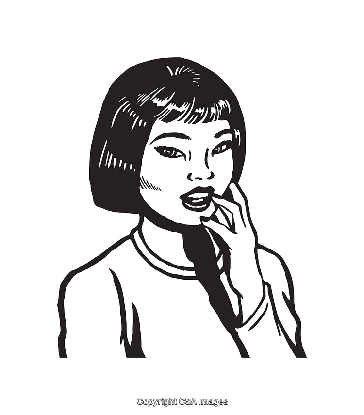 Black and White Line Art Illustration of a Woman in Thoughtful Pose