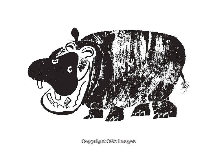 Black and White Line Art of Smiling Hippopotamus