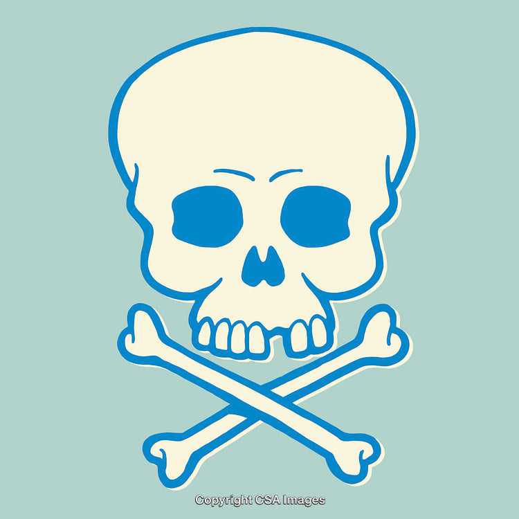 Color Line Art Illustration of Skull with Crossbones on Blue Background