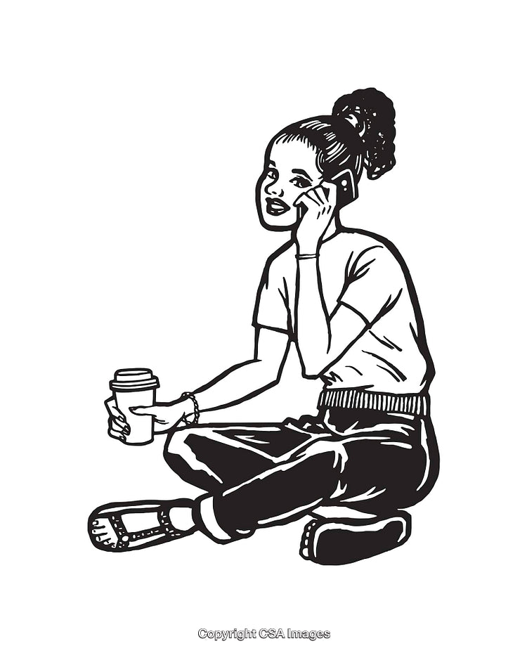 Black And White Line Art of Woman Sitting and Talking on Phone