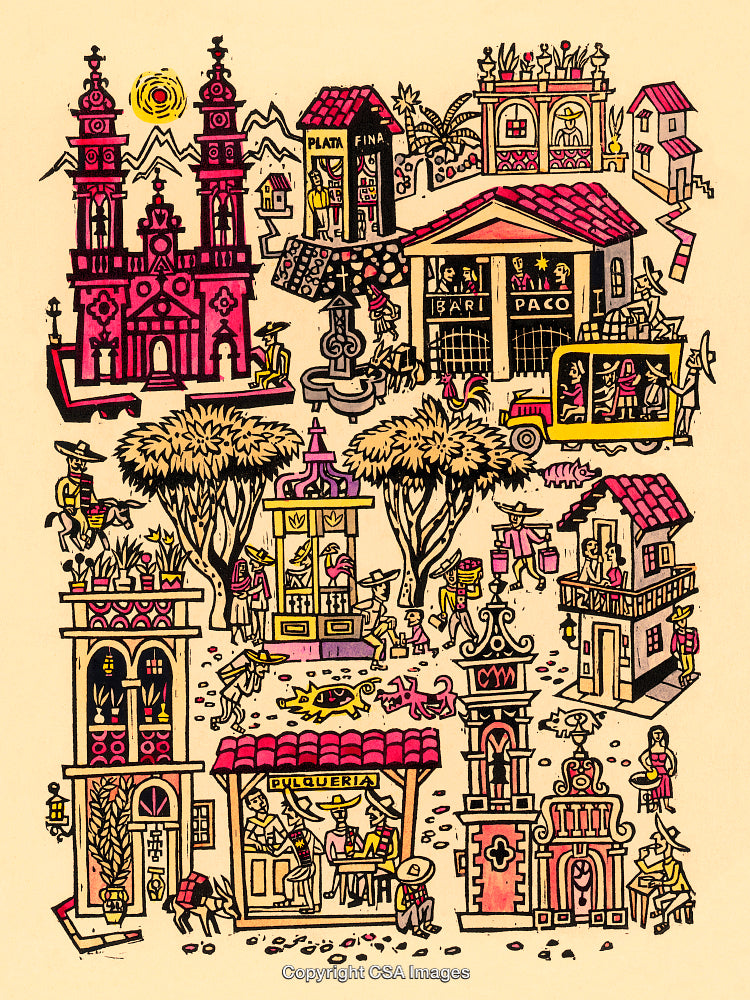 Colorful Traditional Village Scene with Architectural and Cultural Details