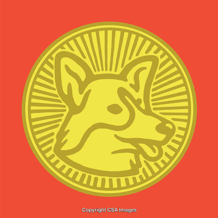 Stylized Line Art of Dog Faces on a Sunburst Medallion
