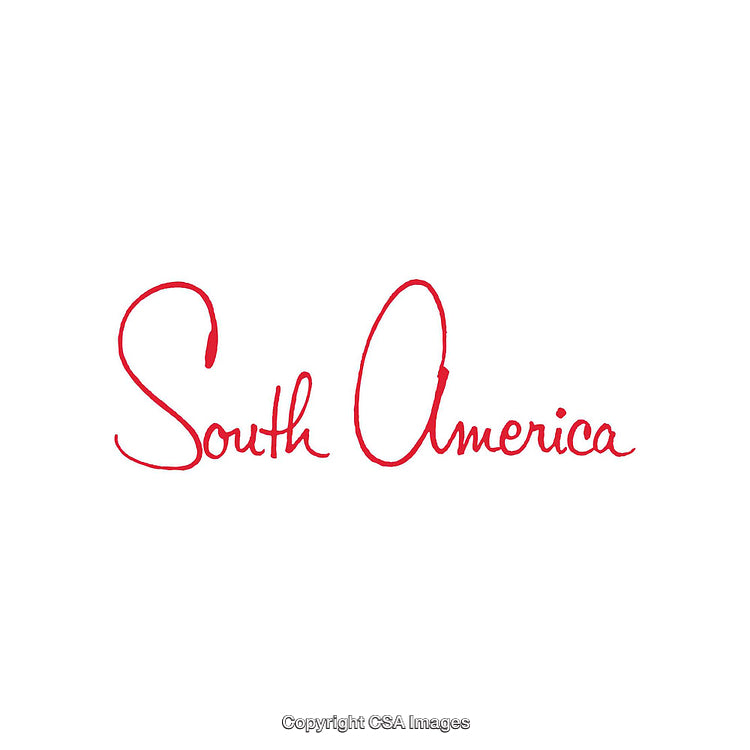 Red Handwritten Script Font Displaying the Words South America on White