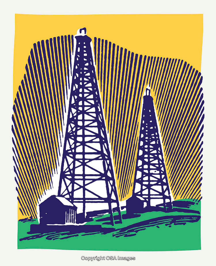 Colorful Line Art Illustration of Oil Rigs on Vibrant Yellow Background