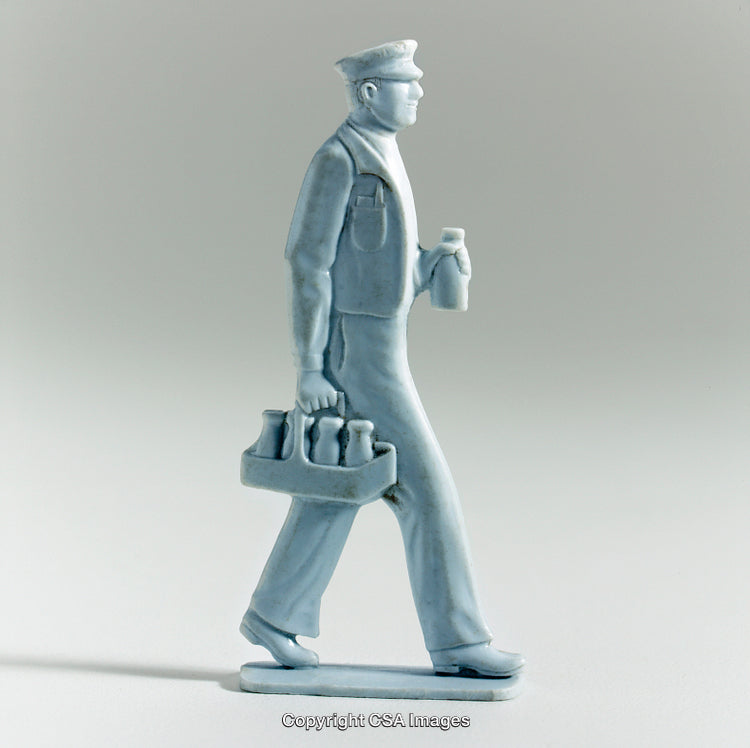 Blue Figurine of a Historical Milkman Carrying Bottled Milk Delivery