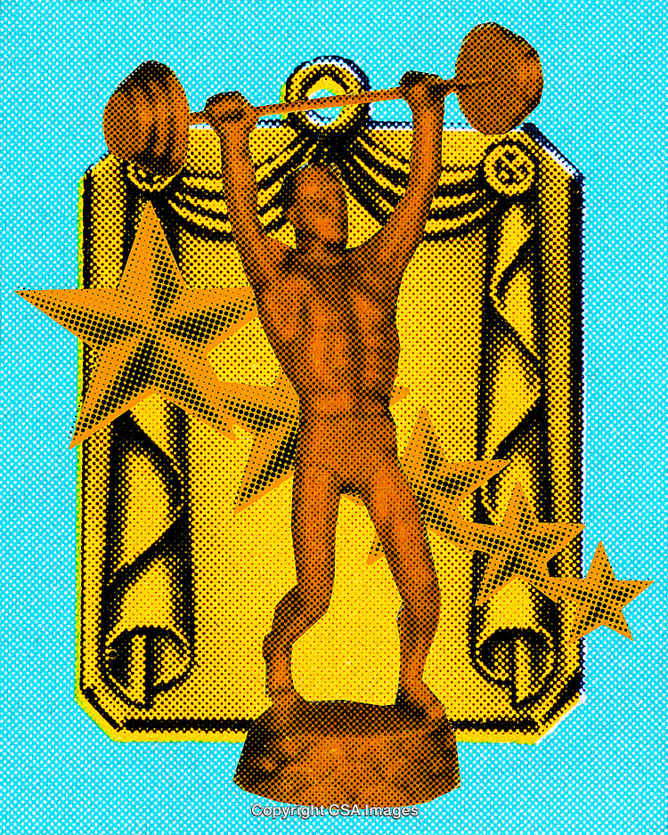 Retro Weightlifting Trophy Design with Bold Colors and Star Graphics