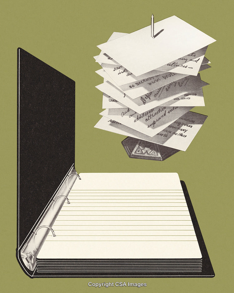 Vintage Office Supplies Featuring Binder and Rotating Index Cards on Olive Background