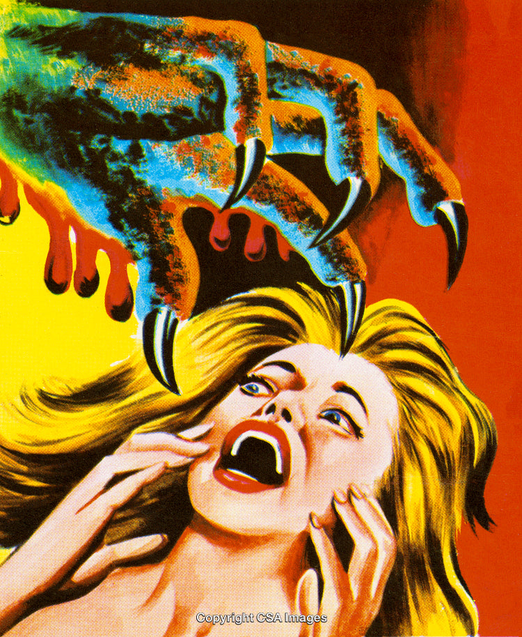 Terrifying Creature Grabbing Screaming Woman in Intense Horror Scene Illustration