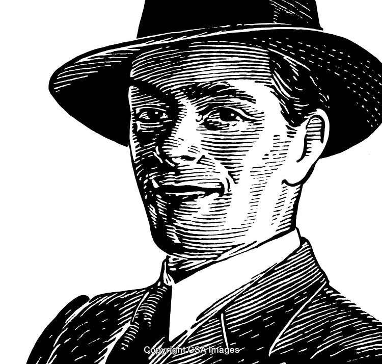 Black and White Engraved Illustration of a Man Wearing a Hat and Suit