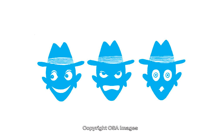 Three Blue Cartoon Faces Representing Different Expressions in Flat Style