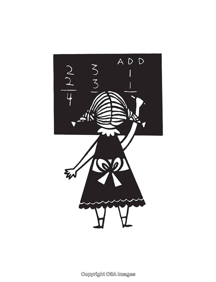 Young Girl Solving Math Problems on Blackboard Line Art Illustration