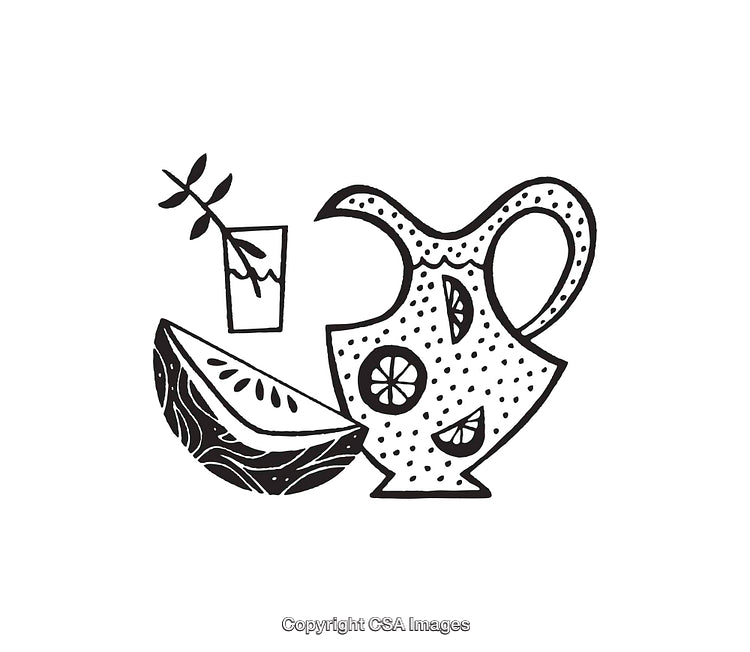 Black and White Line Art Illustration of Fruit and Jug Still Life