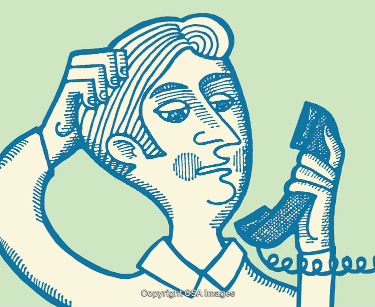 Stylized Illustration of a Person Holding a Phone with a Thoughtful Expression