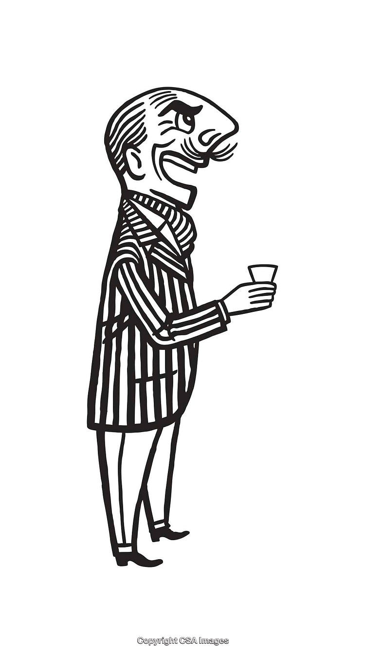Black and White Cartoon of Man Holding a Drink in Line Art Style