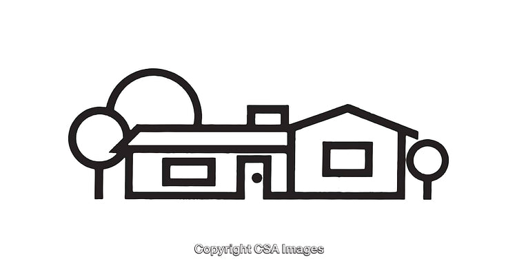 Black and White Line Art Illustration of a House with Trees