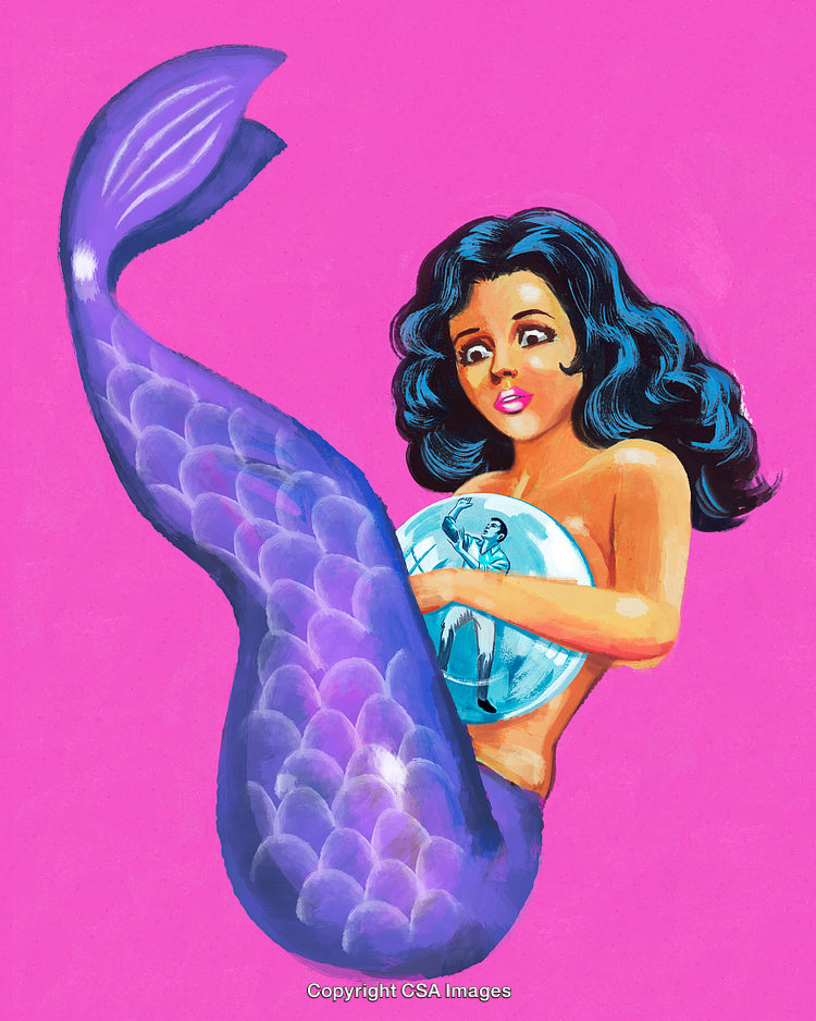 Colorful Illustration of a Mermaid Holding a Magical Sphere on Pink Background