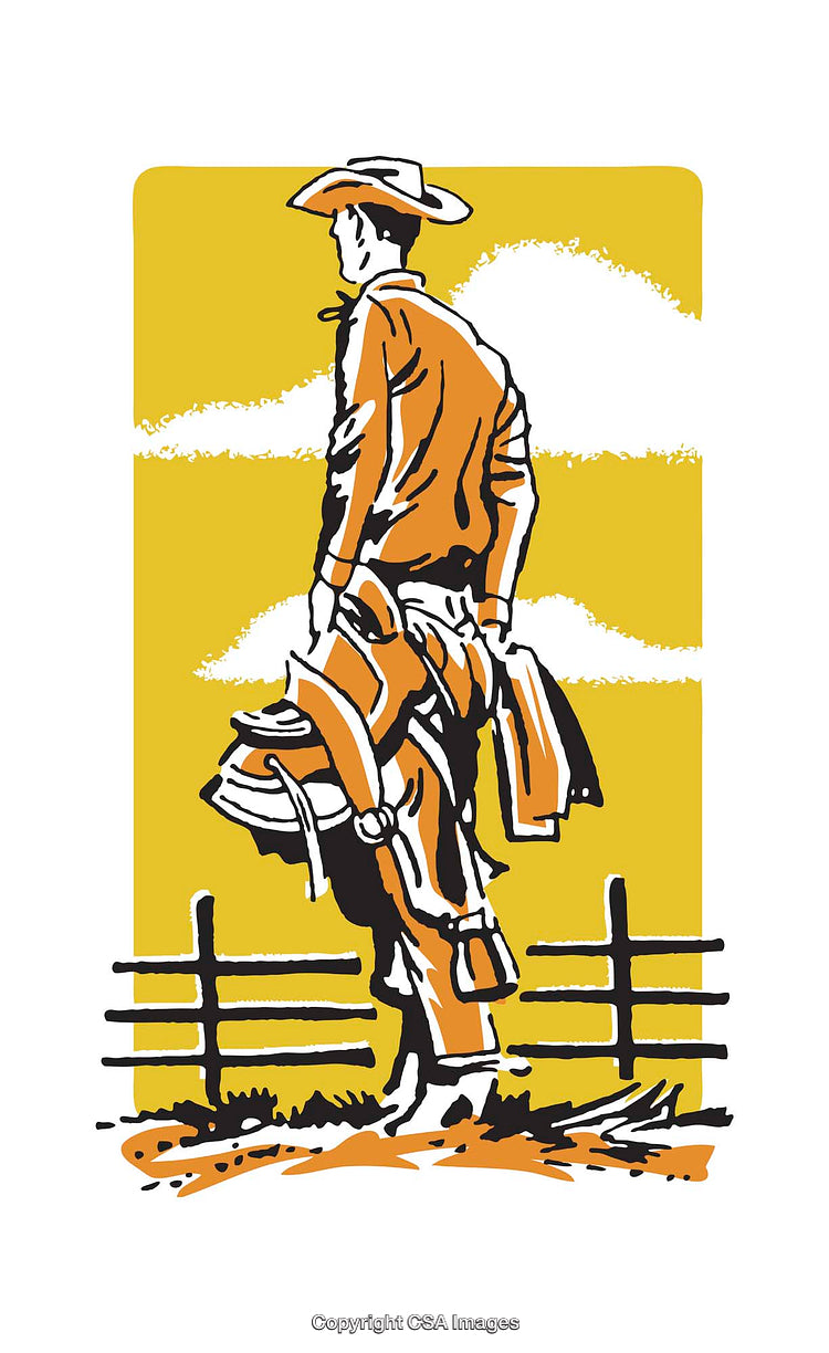 Illustrated Cowboy Holding Saddle Against a Golden Sky