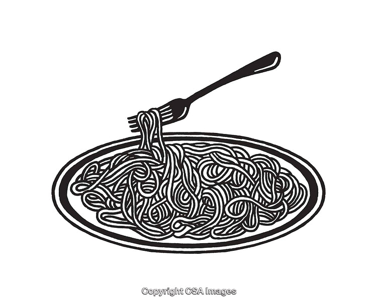Black and White Line Art of a Fork with Spaghetti Dish