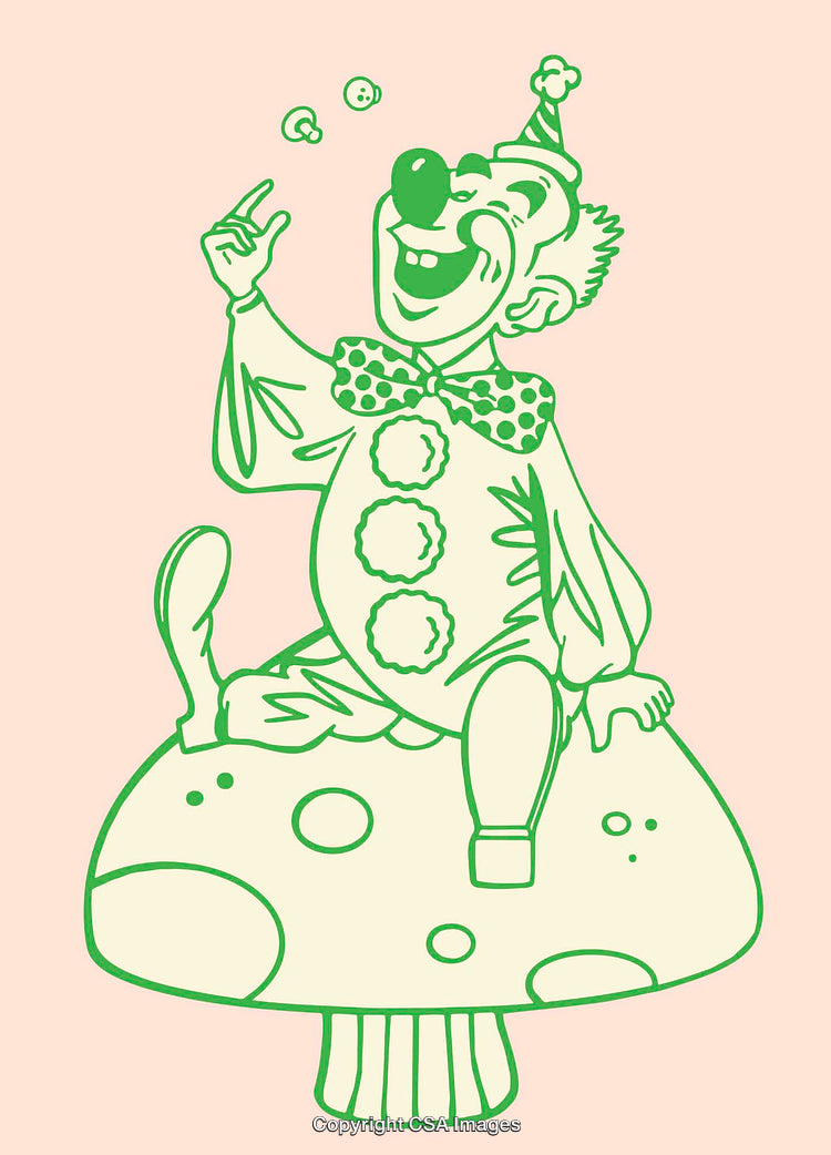 Playful Clown Sitting on a Mushroom with Cheerful Expression in Line Art