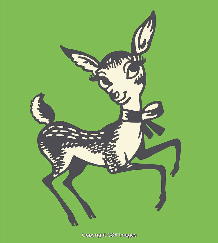 Vintage Style Line Art Illustration of a Playful Deer on Green Background