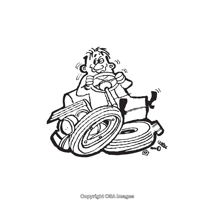 Humorous Black and White Illustration of a Person Driving Erratically on a Ride-On