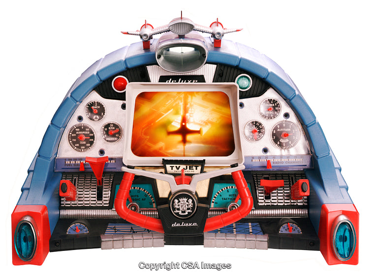Retro-Styled Toy Dashboard Featuring Airplane Controls and Display Screen