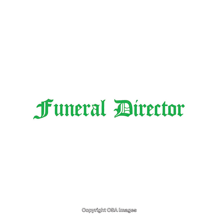 Funeral Director Text in Green Gothic Font on White Background