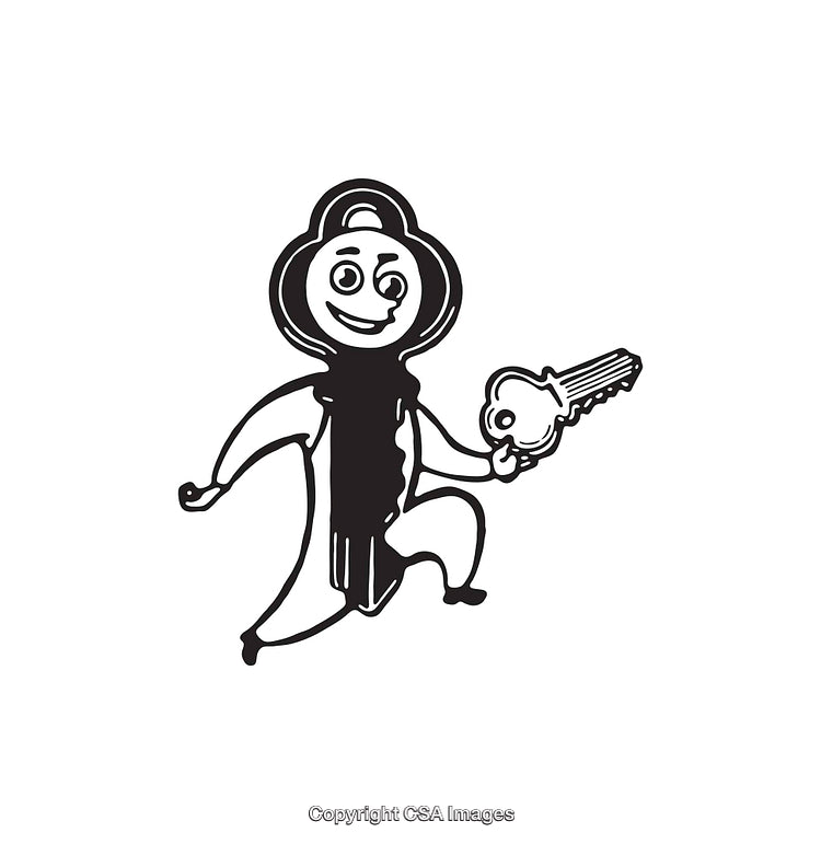 Black and White Line Art Illustration of a Smiling Person Holding a Key