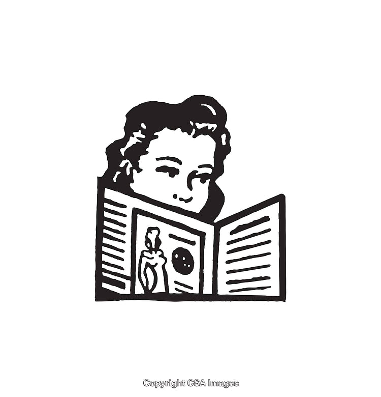 Vintage Black and White Illustration of a Woman Reading a Book