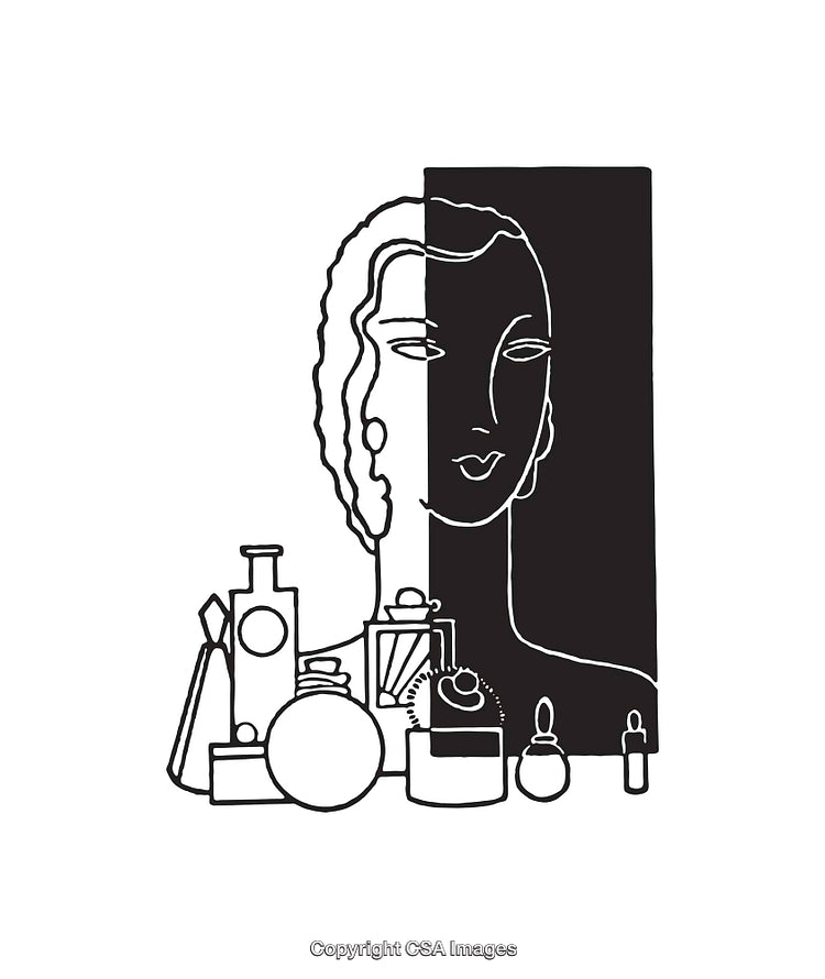 Black And White Line Art Illustration of a Woman and Cosmetic Bottles