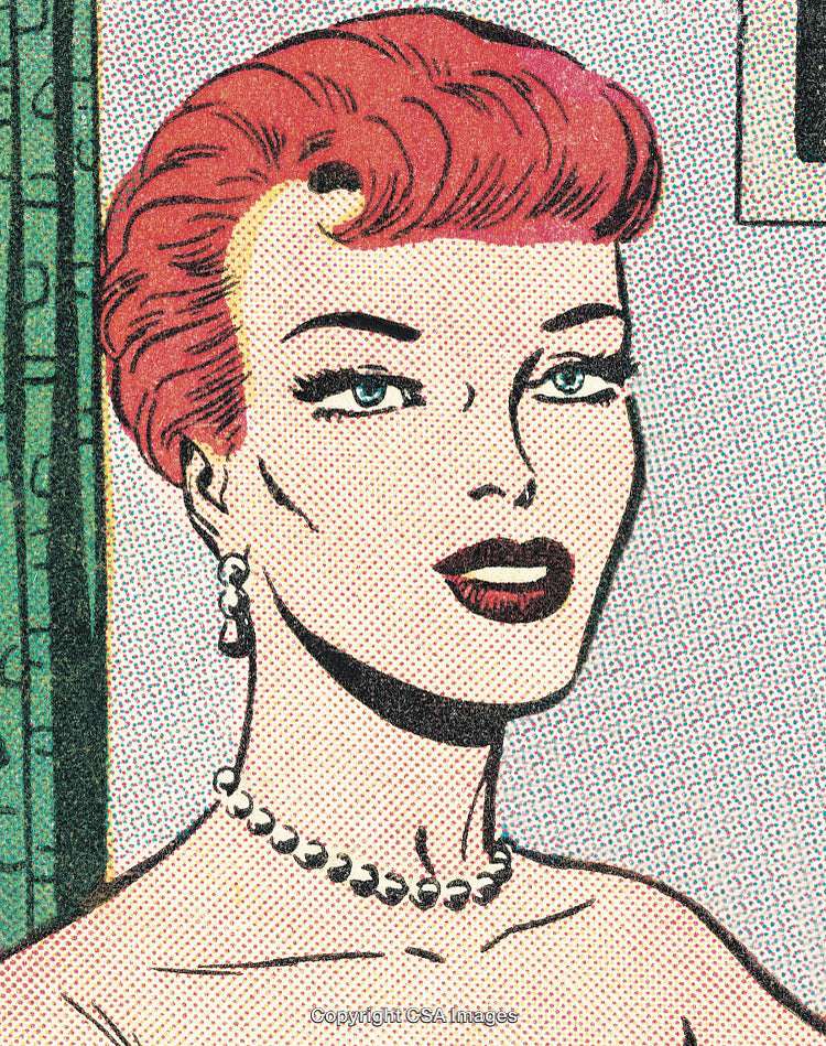 Retro Comic Style Illustration of a Woman with Red Hair and Jewelry