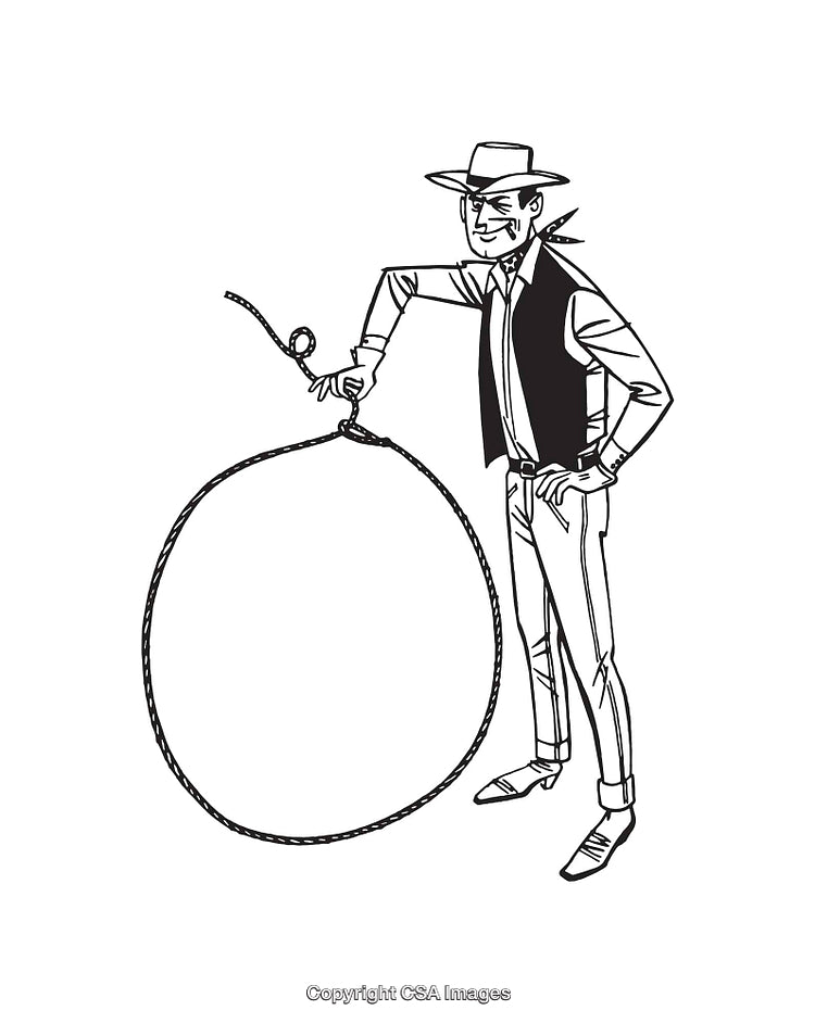 Black and White Line Art of a Cowboy Holding a Rope with a Loop