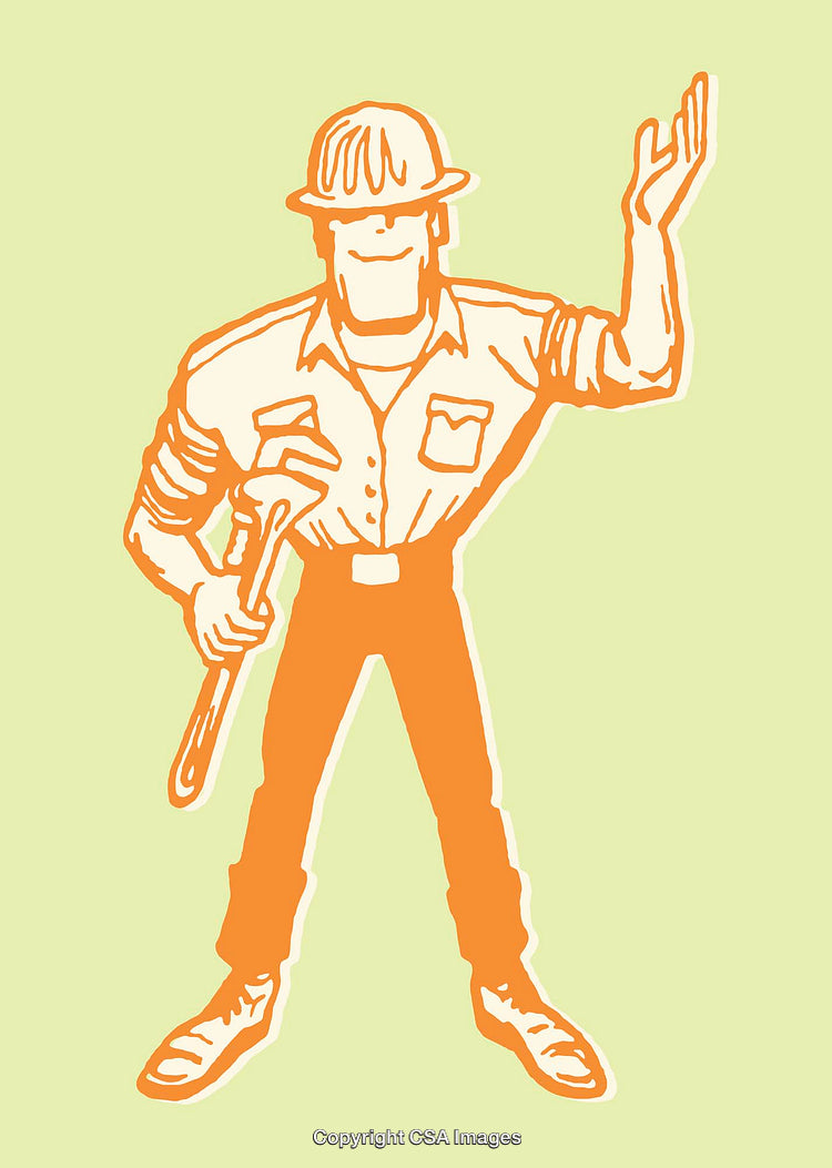 Illustration of Friendly Worker Waving and Holding a Wrench in Hand
