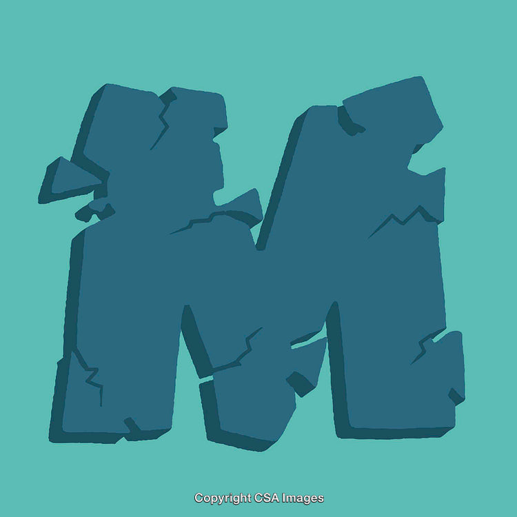 Stylized Cracked Letter M on a Solid Cyan Background