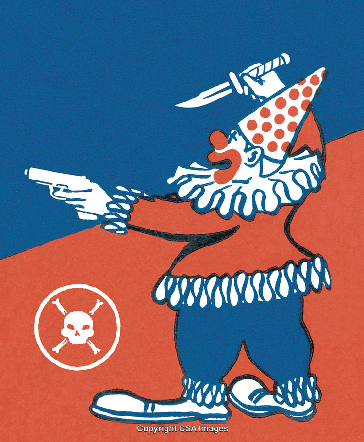 Colorful Clown Character With Playful Yet Ominous Traits in Contrasting Design