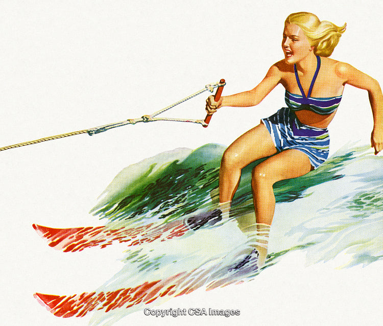 Woman in Vintage Style Swimsuit Water Skiing on Clear Blue Waves
