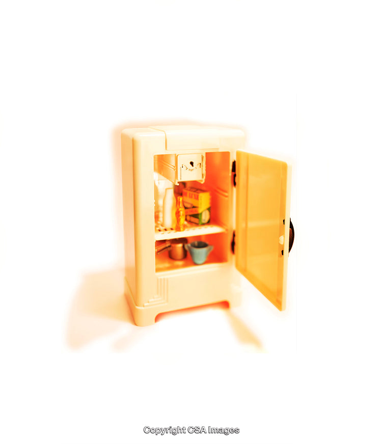 Miniature Toy Refrigerator with Open Door Displaying Interior Contents