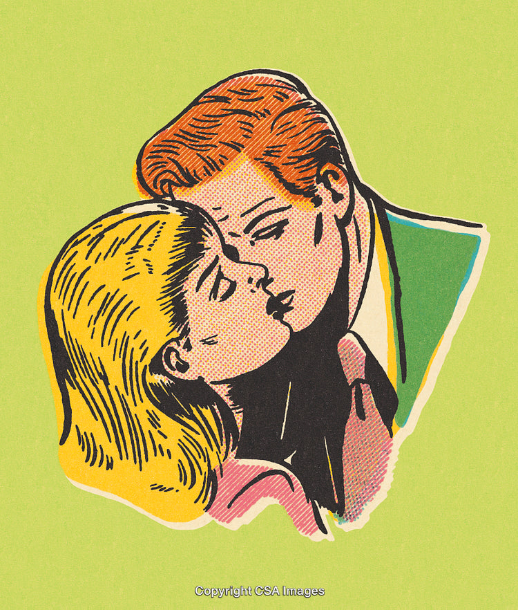 Retro Comic Style Illustration of a Romantic Couple Sharing a Kiss