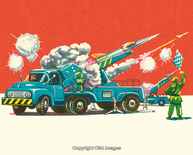 Vintage Illustration of Military Truck and Launching Missiles in Dynamic Action