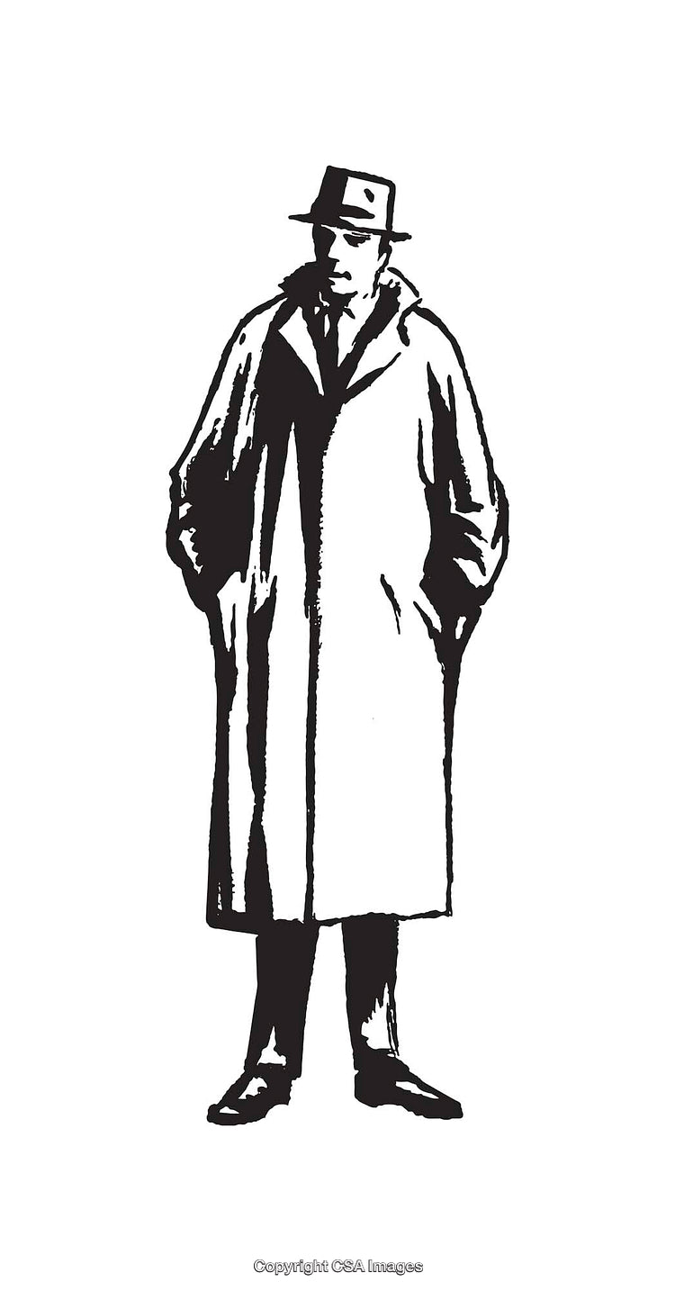 Black and White Illustration of a Man in Trench Coat and Hat