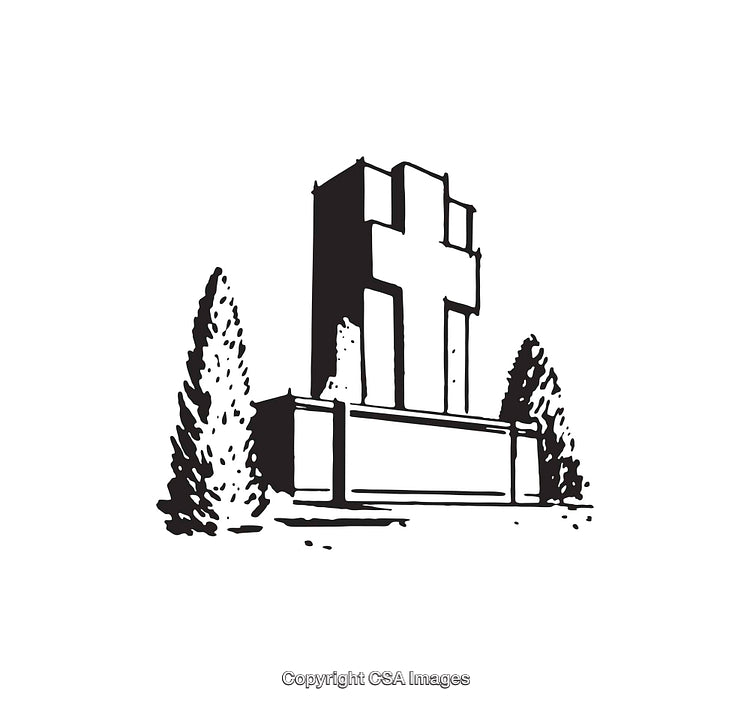 Black and White Line Art of a Monument with Cross Design