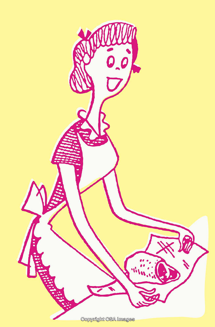 Retro Line Art of a Smiling Woman Holding a Wrapped Object