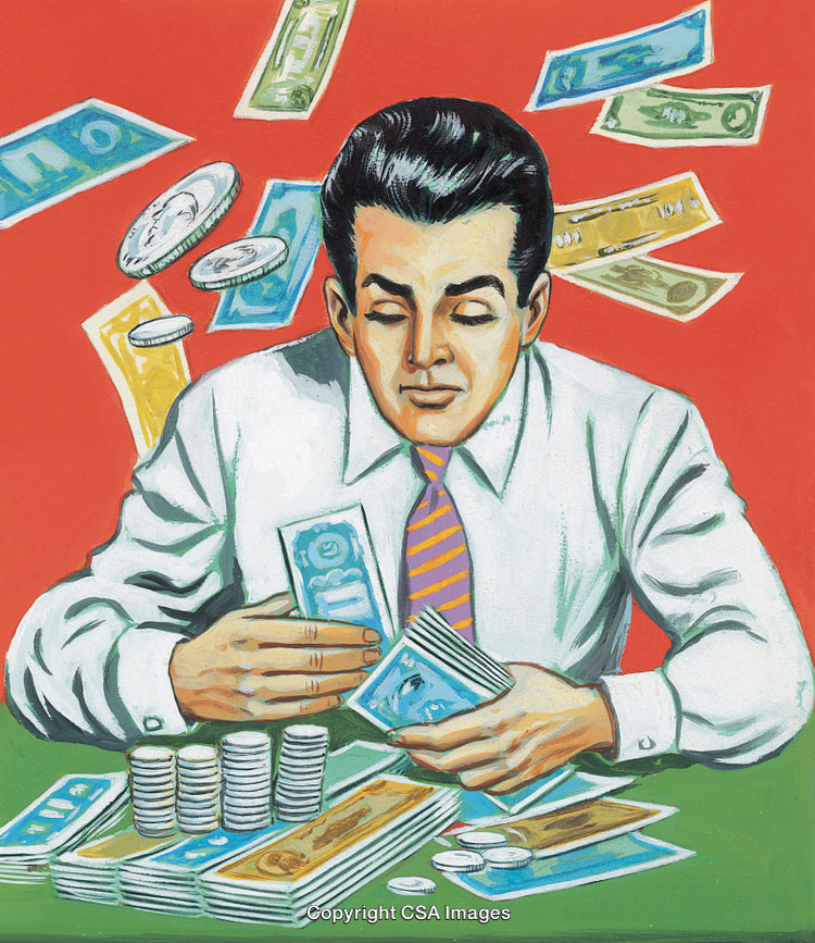 Businessman Counting Money Surrounded by Cash and Coins on a Bold Background