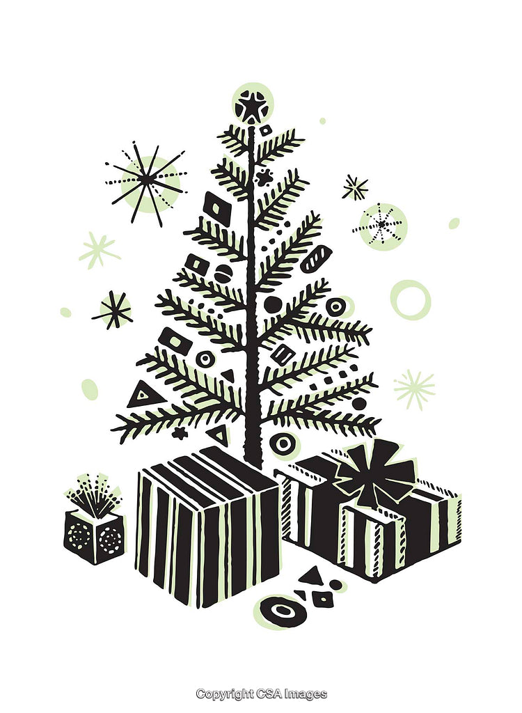 Decorative Christmas Tree Illustration with Gifts and Festive Design Elements