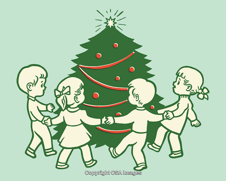 Children Holding Hands Around a Festive Christmas Tree Illustration