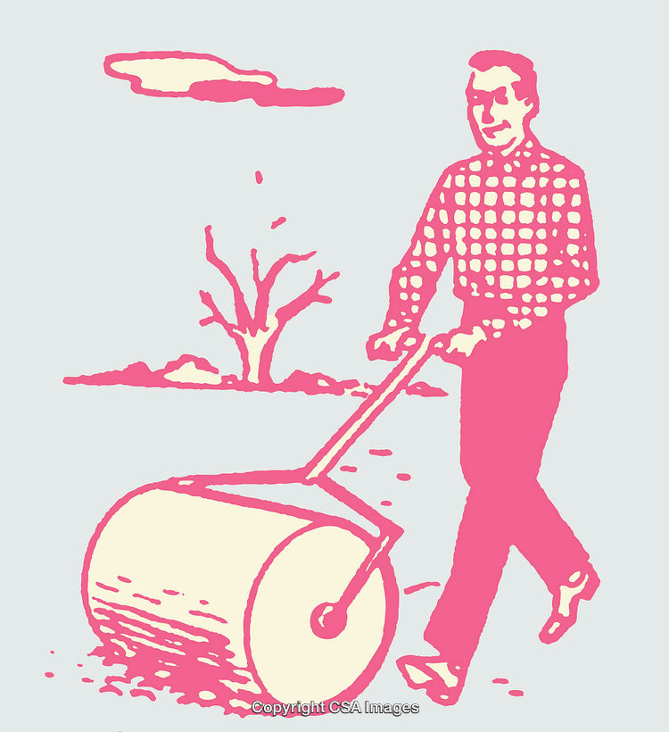 Retro-Styled Line Art of a Man Using a Lawn Roller Outdoors